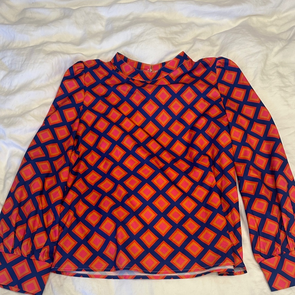 SHEIN Vibrant Orange and Blue Diamond Blouse